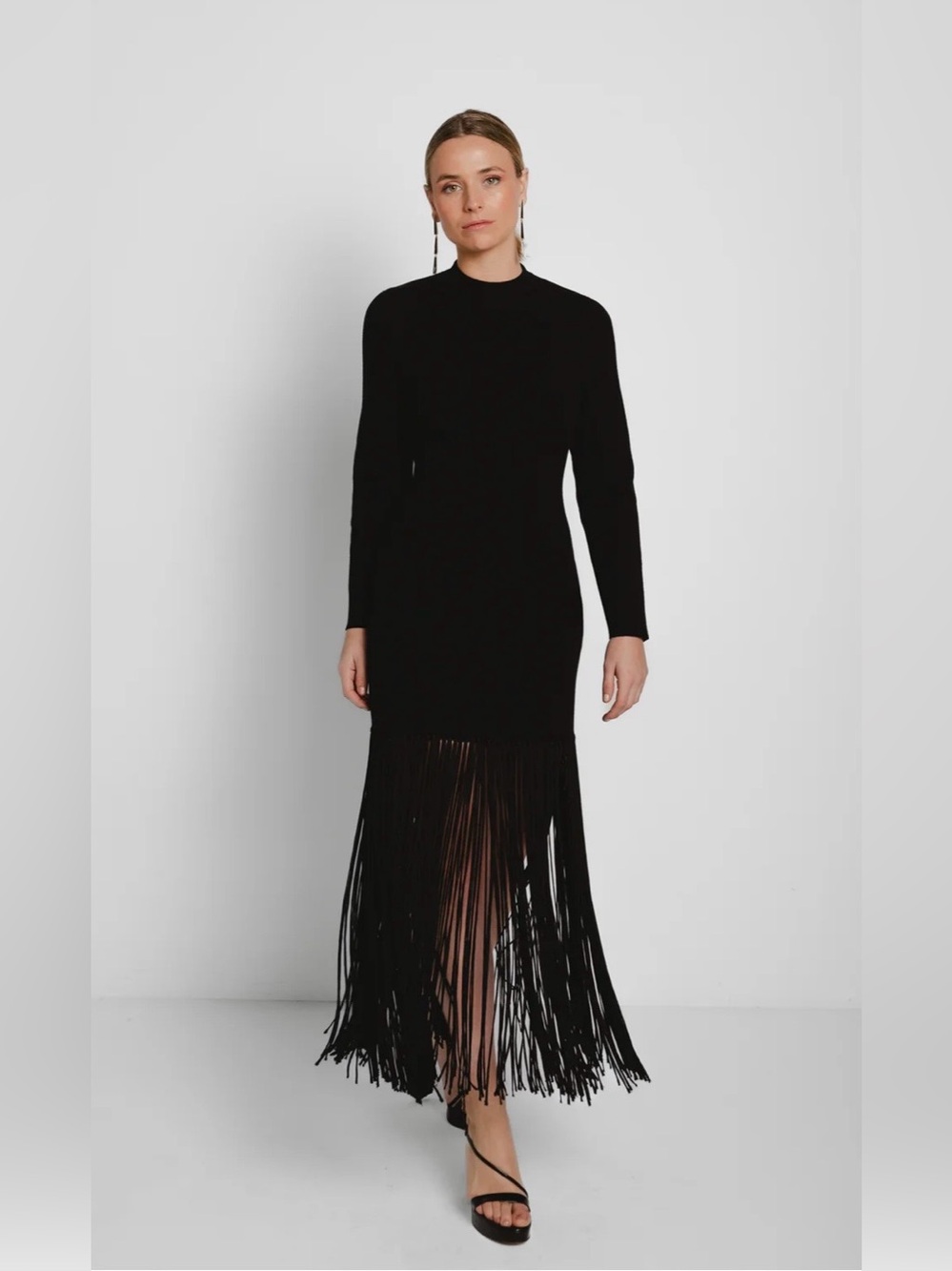 Sandro Fringed-Edge High-Neck Midi Dress Size S